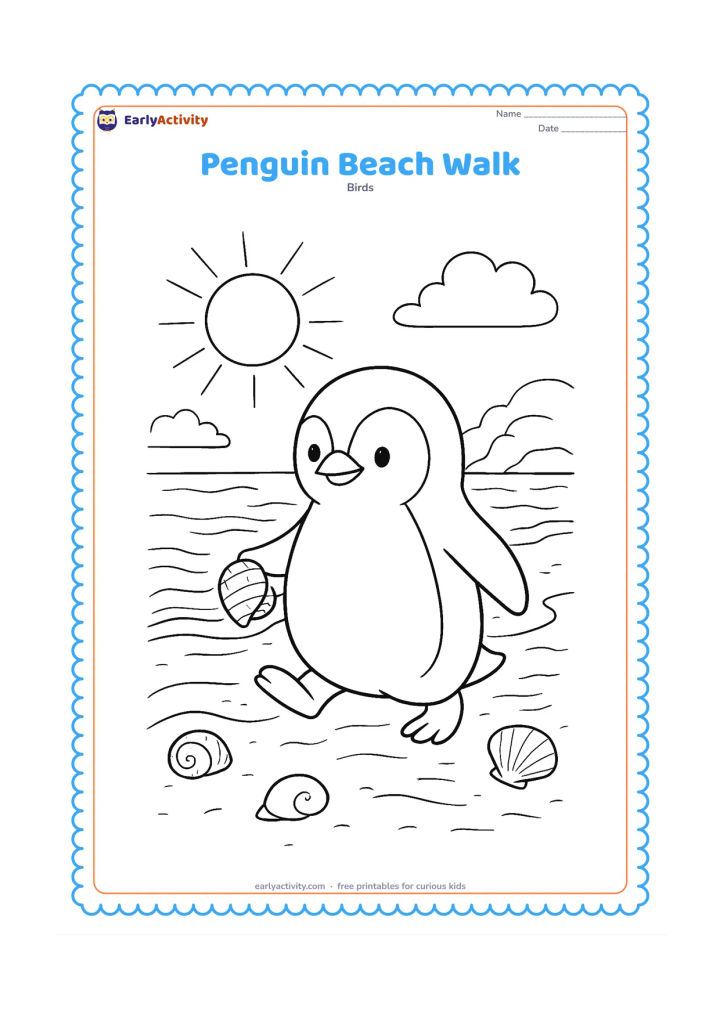Colouring page: Draw a penguin walking along a sunny Southern Hemisphere beach with one flipper holding a shell. Include gentle waves, sand ripples, a few smooth shells, and distant rocky land.