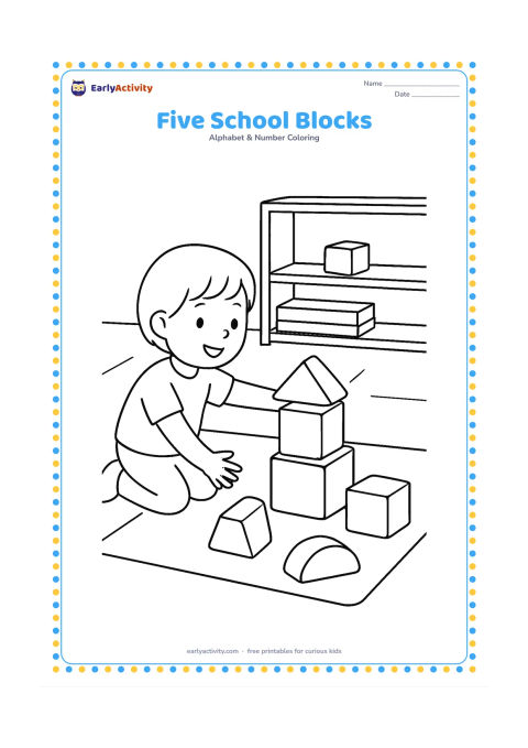 Colouring page: Draw exactly five large building blocks stacked and scattered on a classroom mat, with one child reaching toward them. Add a low shelf and a few simple floor lines; leave every block…