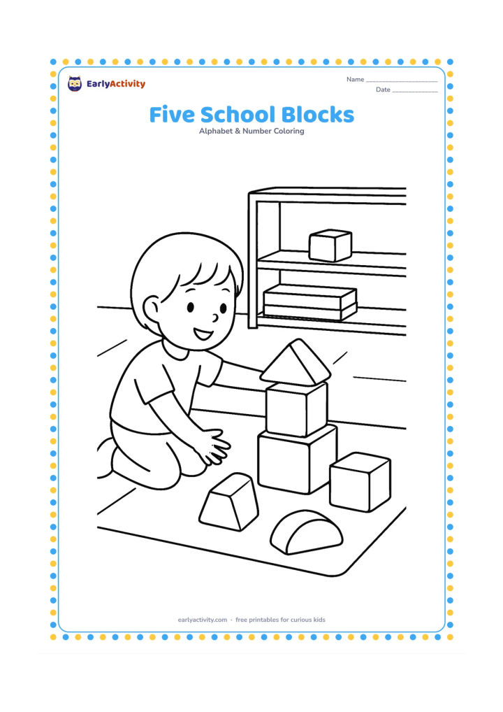 Colouring page: Draw exactly five large building blocks stacked and scattered on a classroom mat, with one child reaching toward them. Add a low shelf and a few simple floor lines; leave every block…