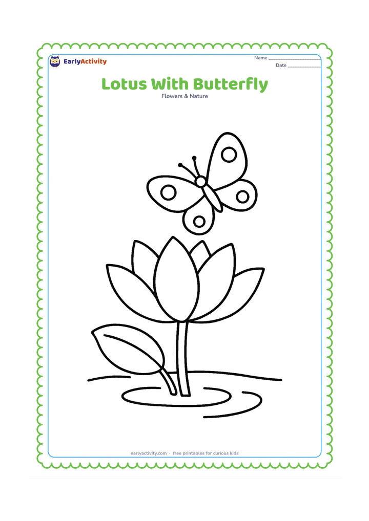 Colouring page: Draw one large open lotus with a very simple butterfly hovering above one petal. Include one broad leaf and a short stem emerging from calm water.