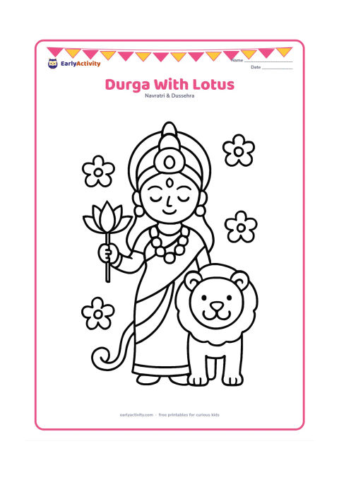 Colouring page: Goddess Durga stands calmly holding a large lotus flower, with her lion beside her and a few simple flower shapes around them. Use a centered full-body composition with large open areas…