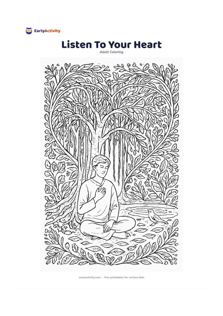 Colouring page: A person sits quietly beneath a large banyan tree with one hand resting over their chest, surrounded by fallen leaves, hanging roots, a small pond and a calm bird. Use a heart-shaped…