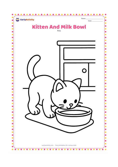 Colouring page: A kitten bends down to drink from a wide bowl, with its tail curling upward. Add a small mat and one uncomplicated kitchen cupboard in the background.