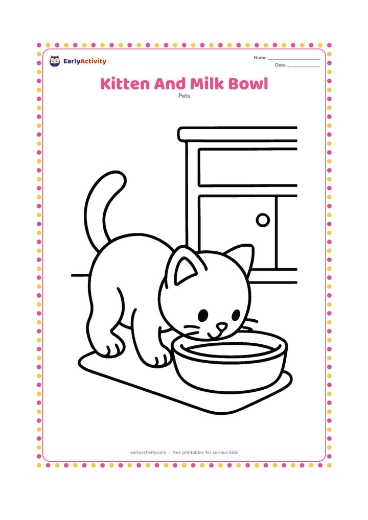 Colouring page: A kitten bends down to drink from a wide bowl, with its tail curling upward. Add a small mat and one uncomplicated kitchen cupboard in the background.