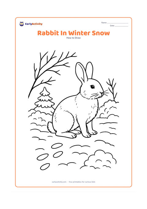 Worksheet: Show a rabbit standing in soft snow with detailed fur, tall ears, visible paws and a fluffy tail. Add bare branches, gentle snow-covered bushes, a small evergreen and footprints leading…