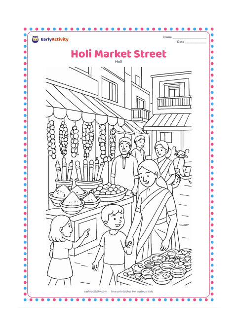 Colouring page: A lively Indian market street displays baskets of gulal, pichkaris, flower garlands, clay diyas, and trays of sweets. Include children with family members, shop awnings, scooters, and…