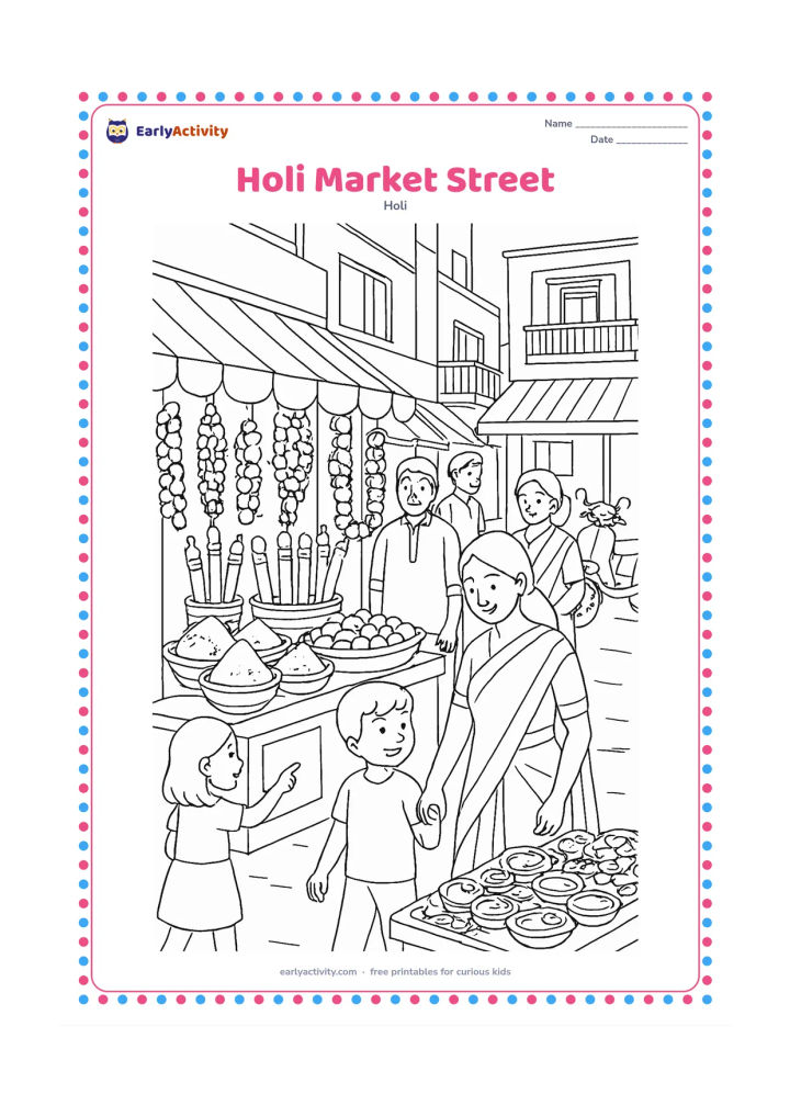 Colouring page: A lively Indian market street displays baskets of gulal, pichkaris, flower garlands, clay diyas, and trays of sweets. Include children with family members, shop awnings, scooters, and…