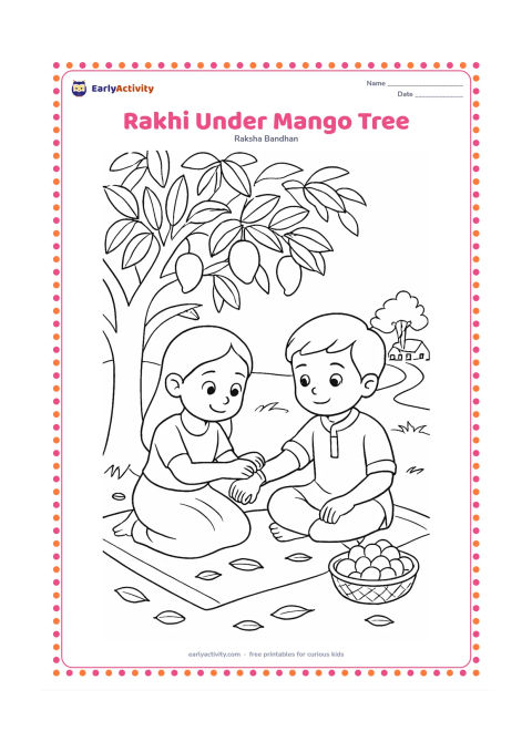 Colouring page: Two siblings sit beneath a leafy mango tree while one ties a rakhi around the other's wrist. Include a mat, a basket of sweets, fallen leaves, and a distant Indian village path.