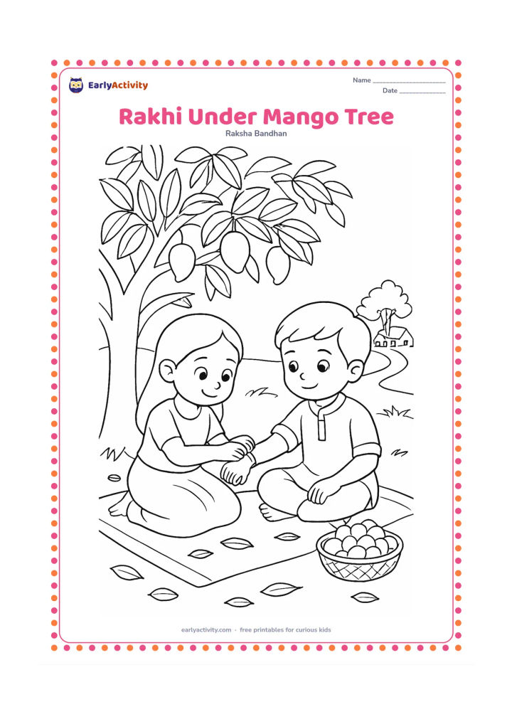 Colouring page: Two siblings sit beneath a leafy mango tree while one ties a rakhi around the other's wrist. Include a mat, a basket of sweets, fallen leaves, and a distant Indian village path.