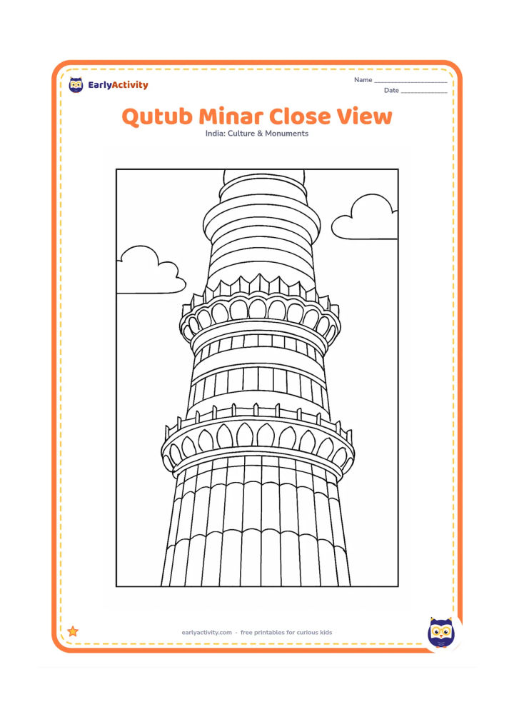 Colouring page: Show a close view of the middle and upper sections of Qutub Minar, including two projecting balconies, curved fluting, stone bands, and a slice of sky with clouds. Do not show the whole…