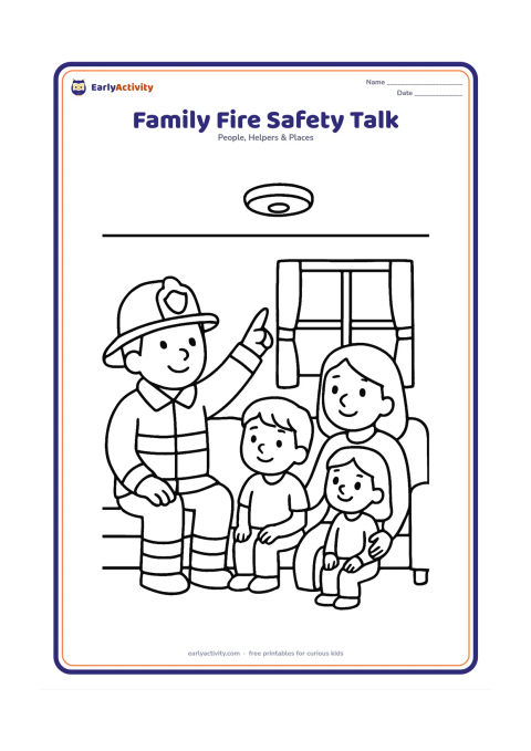 Colouring page: Draw a firefighter sitting with two children and a parent in a home living room, pointing to a simple smoke alarm on the ceiling. Include a sofa, a window and an uncluttered floor.