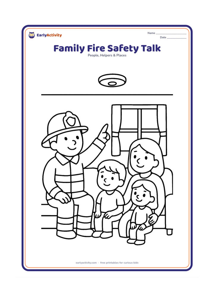 Colouring page: Draw a firefighter sitting with two children and a parent in a home living room, pointing to a simple smoke alarm on the ceiling. Include a sofa, a window and an uncluttered floor.