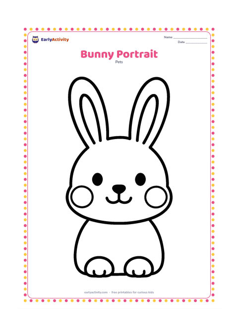 Colouring page: Draw a friendly bunny facing forward with very long ears, round cheeks, large eyes, and a small simple nose. Leave the page mostly open around the head so the facial features and ears…