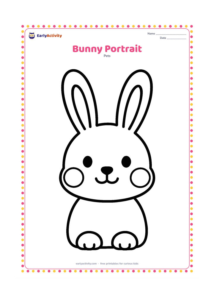 Colouring page: Draw a friendly bunny facing forward with very long ears, round cheeks, large eyes, and a small simple nose. Leave the page mostly open around the head so the facial features and ears…