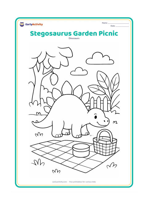 Colouring page: Draw a friendly stegosaurus beside a plain picnic cloth, a round lunch container, and a basket in a leafy garden. Add a mango tree, broad leaves, and a simple fence in the background.