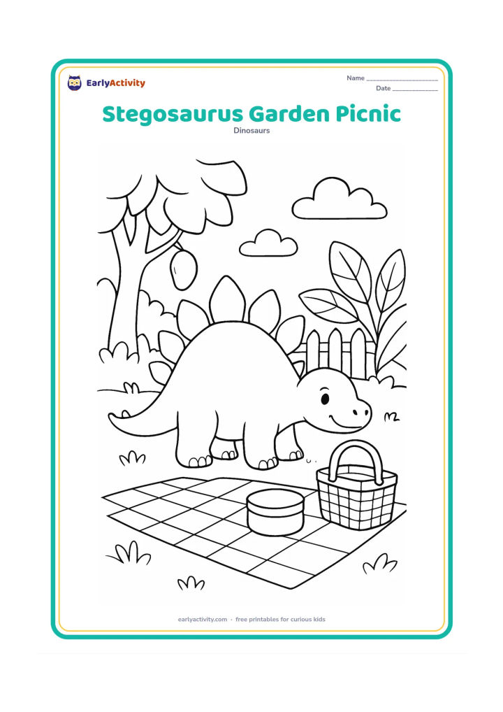 Colouring page: Draw a friendly stegosaurus beside a plain picnic cloth, a round lunch container, and a basket in a leafy garden. Add a mango tree, broad leaves, and a simple fence in the background.