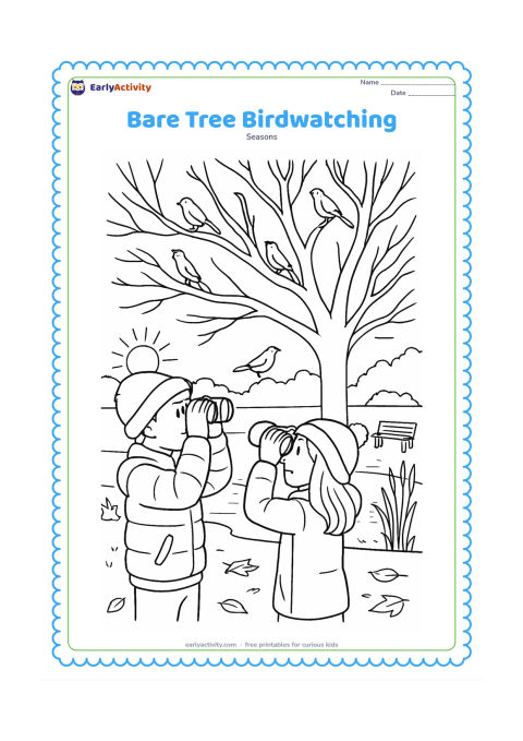 Colouring page: Two children in warm clothes use simple binoculars to watch several birds in the branches of a large bare winter tree. Add a park pond, reeds, a bench, fallen leaves and a low afternoon sun.