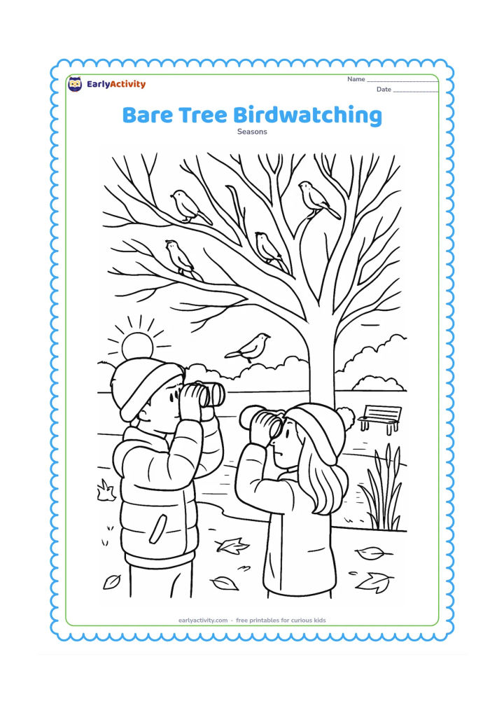 Colouring page: Two children in warm clothes use simple binoculars to watch several birds in the branches of a large bare winter tree. Add a park pond, reeds, a bench, fallen leaves and a low afternoon sun.