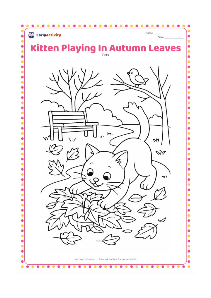 Colouring page: A kitten pounces on a pile of fallen leaves in a garden, with curled leaves scattered along a path, a bench, bare branches and a bird perched nearby. Show clear foreground, middle ground…
