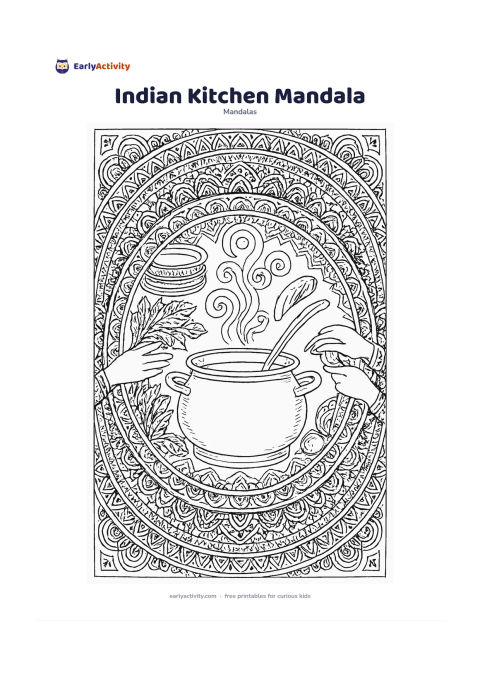 Colouring page: Draw a circular mandala centred on a traditional cooking pot with a ladle, surrounded by stacked plates, leafy vegetables, steam curls and patterned borders. Include two pairs of hands…