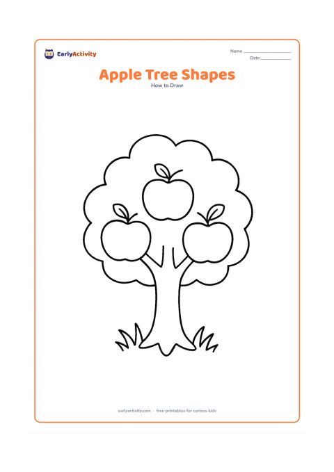 Worksheet: Show a small tree with a wide trunk, three rounded leaf groups and three large apples hanging from the branches. Add a few blades of grass under the trunk.