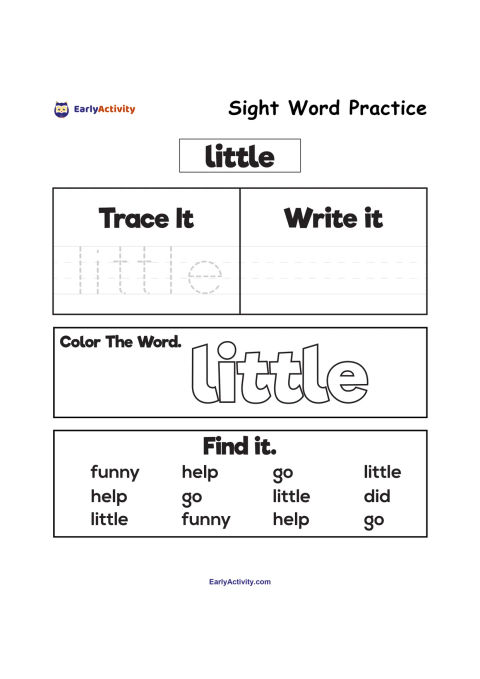 Worksheet for practising the sight word “little” with tracing, writing, colouring and word-finding activities.