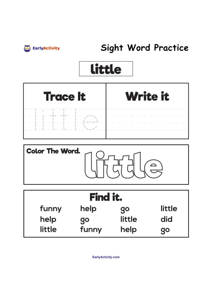 Worksheet for practising the sight word “little” with tracing, writing, colouring and word-finding activities.