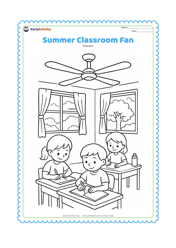 Colouring page: Children work quietly at classroom desks on a warm day while a ceiling fan turns above them. Include open windows, curtains, water bottles, books and a shaded tree outside.