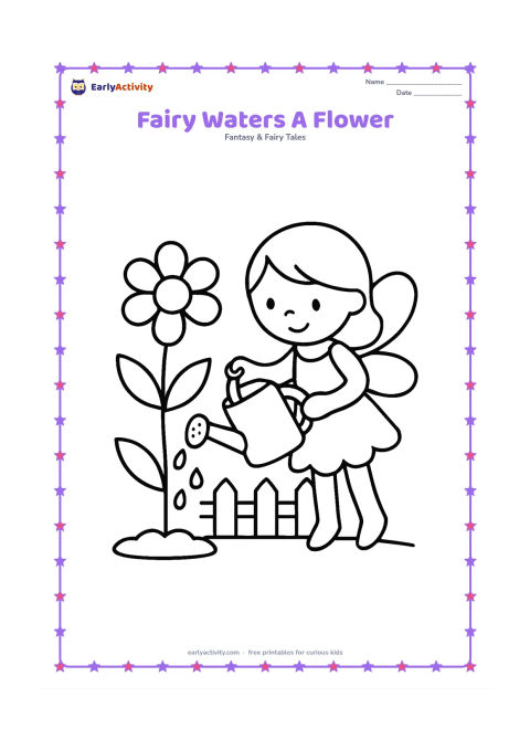 Colouring page: A little winged fairy tips a watering can toward one tall flower. Add two leaves, a small patch of soil and a low garden fence in the background.