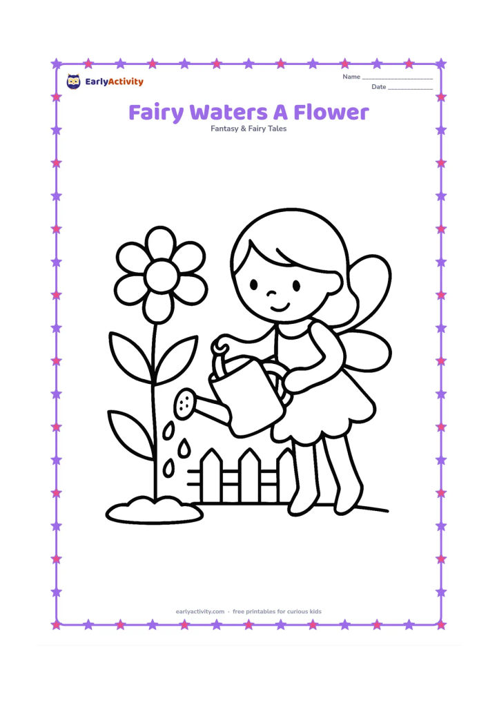 Colouring page: A little winged fairy tips a watering can toward one tall flower. Add two leaves, a small patch of soil and a low garden fence in the background.
