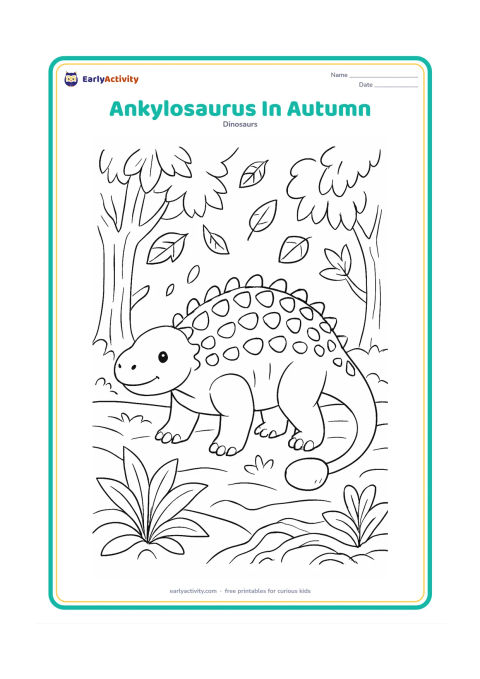 Colouring page: An Ankylosaurus stands among prehistoric trees with falling leaves, layered ground, broad plants and a few exposed roots. Show its tail angled toward the viewer without hiding the club.