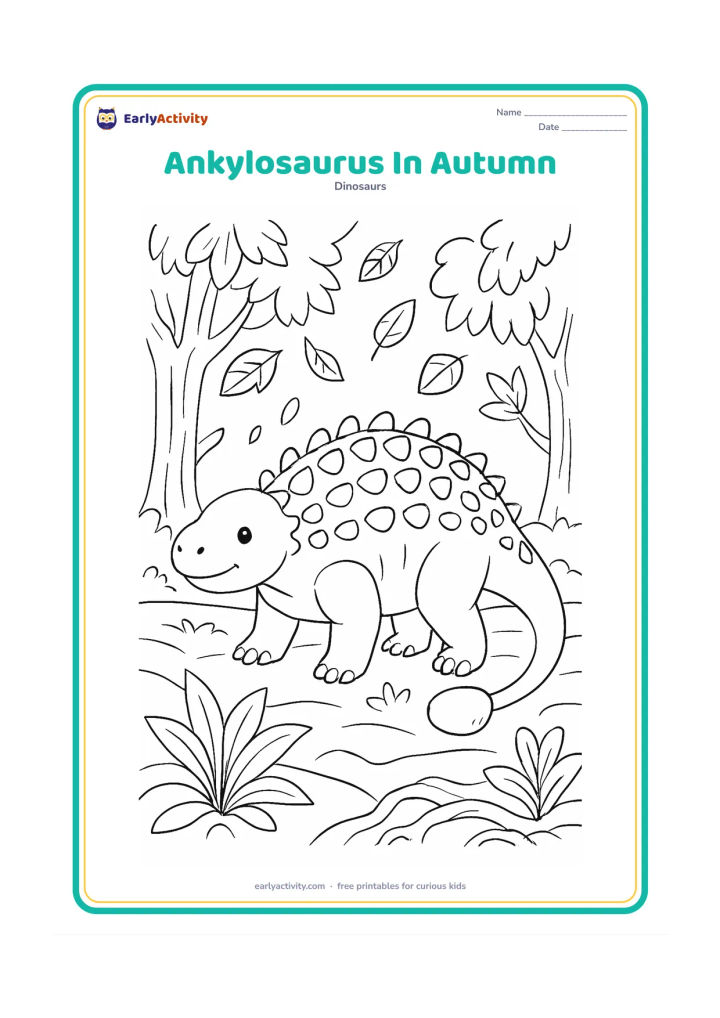 Colouring page: An Ankylosaurus stands among prehistoric trees with falling leaves, layered ground, broad plants and a few exposed roots. Show its tail angled toward the viewer without hiding the club.