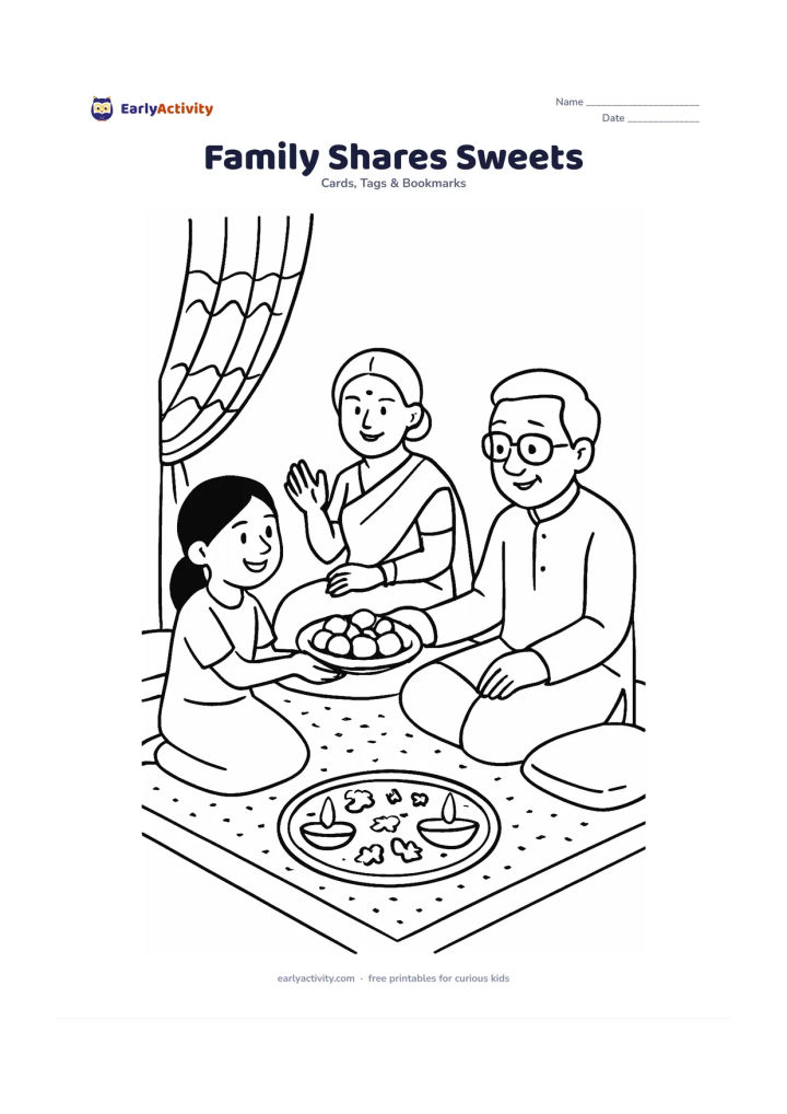 Worksheet: Draw three generations seated together on a floor mat as a child offers a plate of sweets to a grandparent. Include a decorated thali, flower petals, two diyas, cushions and a patterned…
