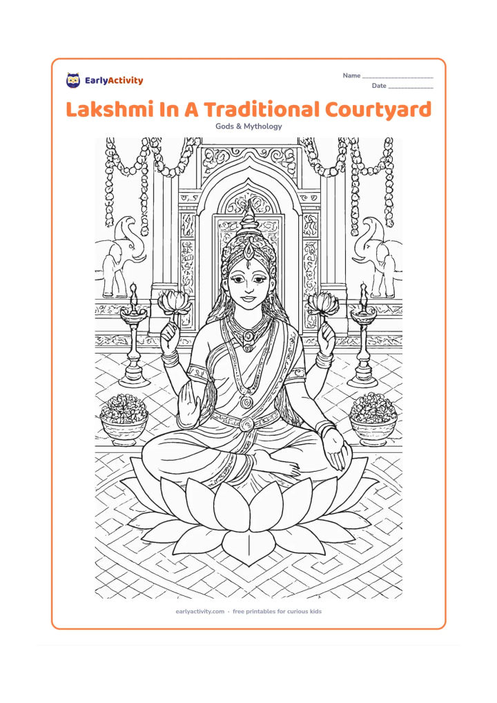 Colouring page: Draw Goddess Lakshmi seated on a lotus in an ornate courtyard with carved doorway panels, patterned floor tiles, hanging garlands, brass lamps, flower baskets, and two elephants in the…