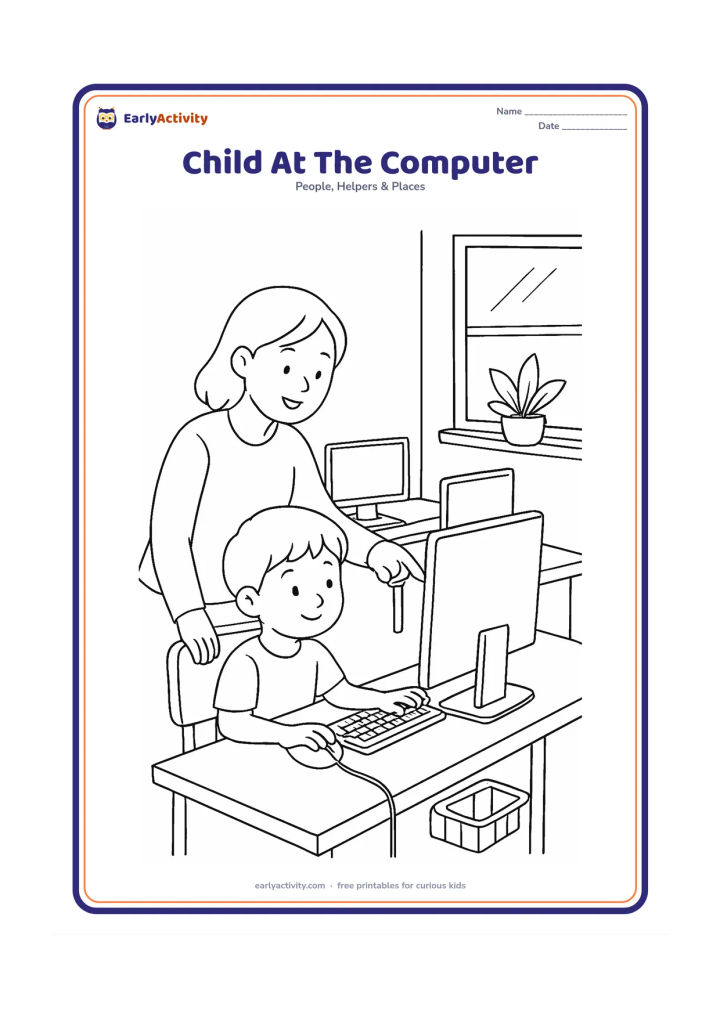 Colouring page: A child sits at a computer in a school computer room, carefully using a mouse while a teacher points toward the blank monitor. Add two other empty workstations, a window, a plant and a…