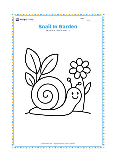 Colouring page: A cheerful snail with a large spiral shell travels along a wide garden path beside two oversized leaves and a simple flower. Show the snail in side view with broad shapes and a clear…