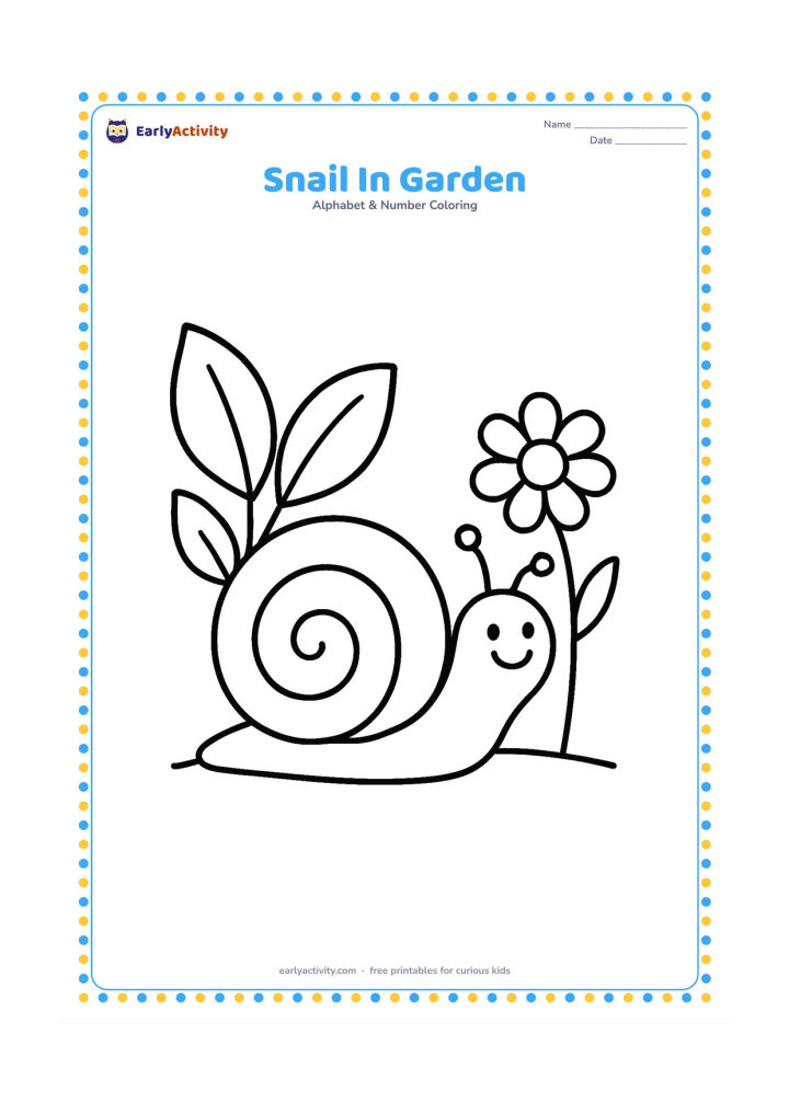 Colouring page: A cheerful snail with a large spiral shell travels along a wide garden path beside two oversized leaves and a simple flower. Show the snail in side view with broad shapes and a clear…