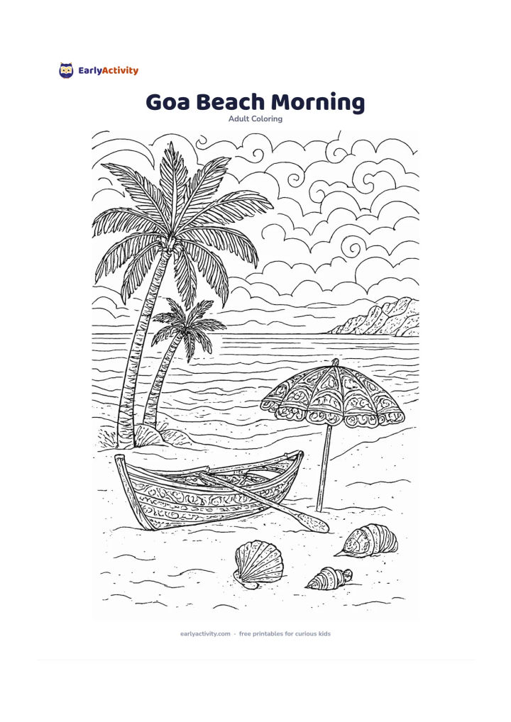 Colouring page: A peaceful Goan beach in the morning shows a small fishing boat pulled onto the sand, a beach umbrella, coconut palms, shells, gentle surf and distant rocky coastline. Do not include…