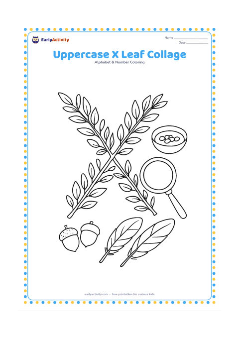 Colouring page: Draw a large uppercase X formed from overlapping leaves and twigs on a nature-study table, with a magnifying glass, acorns, feathers and a small bowl nearby.