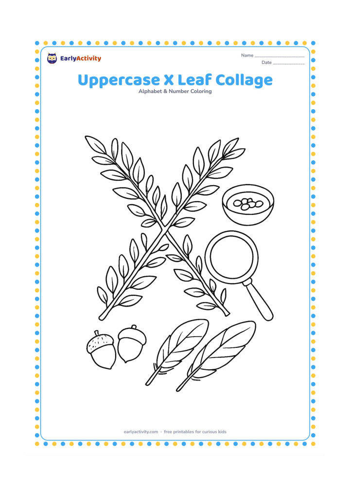 Colouring page: Draw a large uppercase X formed from overlapping leaves and twigs on a nature-study table, with a magnifying glass, acorns, feathers and a small bowl nearby.