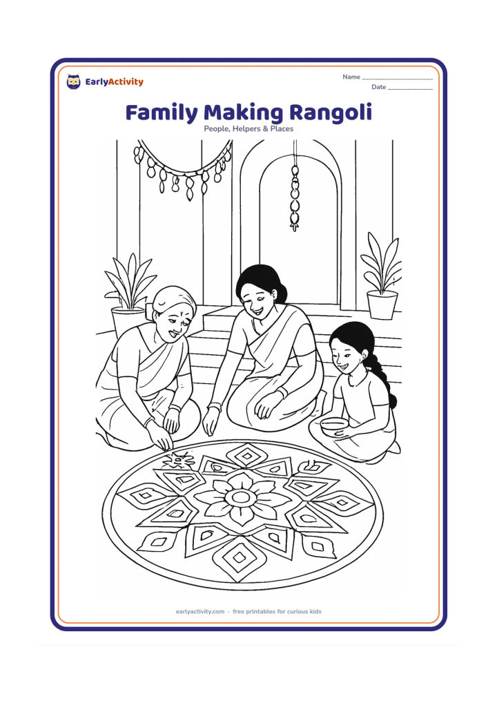 Colouring page: Show three generations creating a large rangoli at the entrance of an Indian home, with one person placing petals, another arranging powder patterns and a child holding a small bowl. Add…