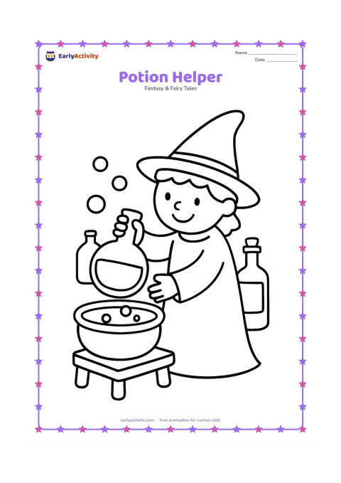 Colouring page: A smiling wizard pours pretend potion from a large round bottle into a wide bowl on a low table. Include three oversized bottles, bubbles and a simple pointed hat; all bottle labels must…