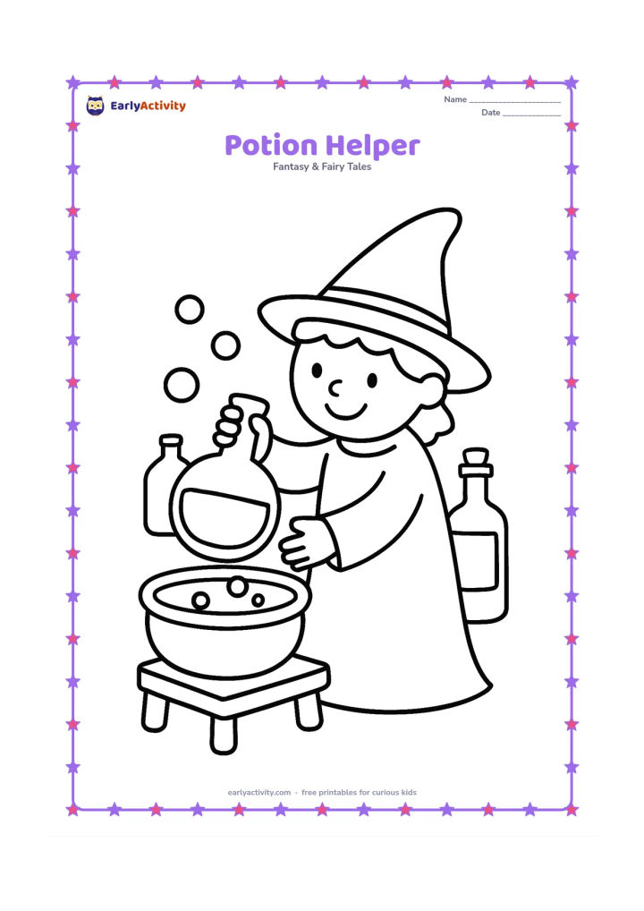 Colouring page: A smiling wizard pours pretend potion from a large round bottle into a wide bowl on a low table. Include three oversized bottles, bubbles and a simple pointed hat; all bottle labels must…