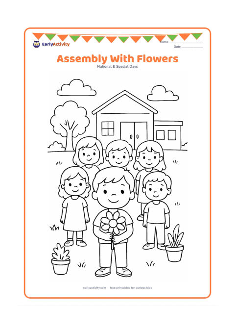 Colouring page: A group of six children stand in neat rows in a school courtyard while one child at the front holds a large flower. Add potted plants, a tree, and a simple school building with a blank…