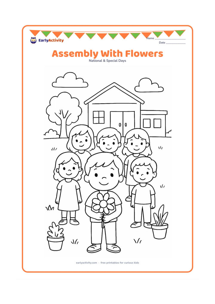 Colouring page: A group of six children stand in neat rows in a school courtyard while one child at the front holds a large flower. Add potted plants, a tree, and a simple school building with a blank…