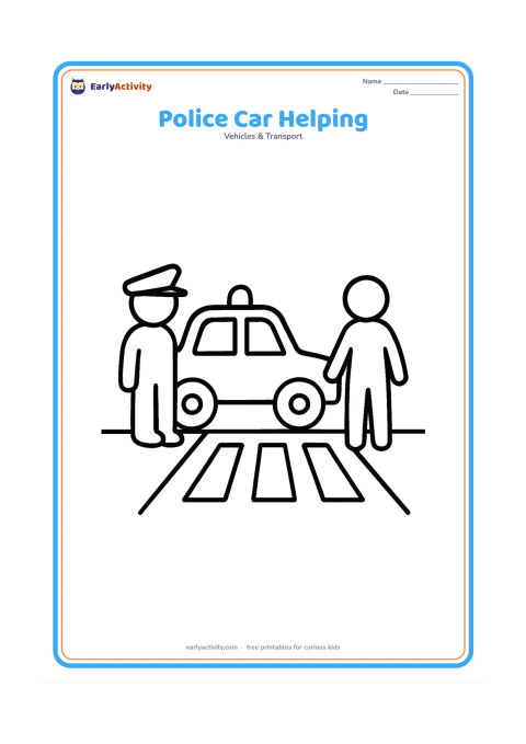 Colouring page: Draw a police car stopped beside a child and an adult pedestrian at a safe roadside crossing, with the officer represented only by a simple figure beside the vehicle. Include a roof…