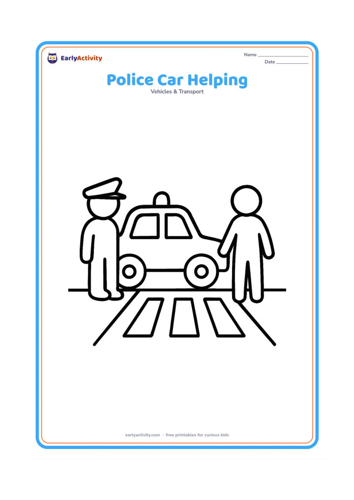 Colouring page: Draw a police car stopped beside a child and an adult pedestrian at a safe roadside crossing, with the officer represented only by a simple figure beside the vehicle. Include a roof…