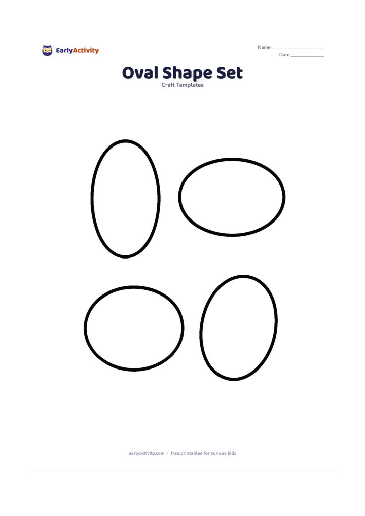 Worksheet: Show four large oval outlines, including a tall oval, a wide oval, and two medium ovals turned in different directions. Keep them separate and uncluttered.