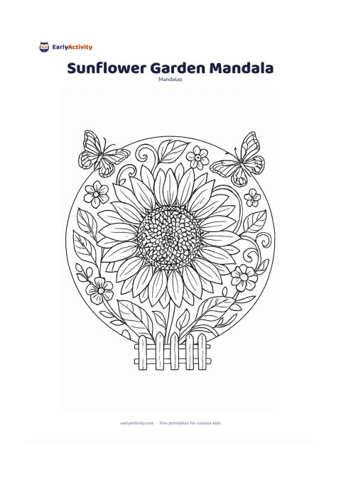 Colouring page: Create a circular mandala centred on a broad sunflower head, with many seed-like centre shapes, layered petals, leaves and curling stems. Add smaller garden flowers, a low garden fence…