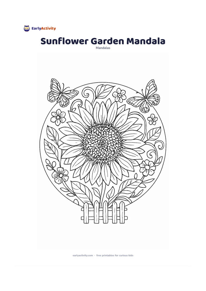 Colouring page: Create a circular mandala centred on a broad sunflower head, with many seed-like centre shapes, layered petals, leaves and curling stems. Add smaller garden flowers, a low garden fence…